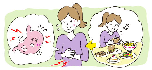 イラスト：食べ過ぎにより胃痛で苦しんでいる女性