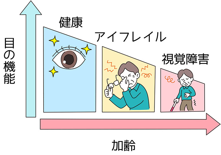 加齢によって目の機能が段階的に衰えていく図