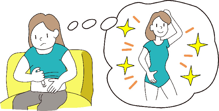 図：マンジャロを注射して痩せる想像をしている女性