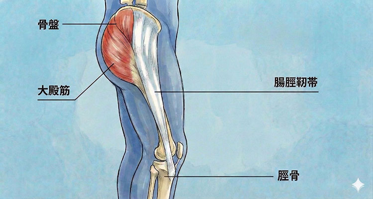 骨盤から脛骨（すねの骨）にかけて太ももの外側を通る「腸脛靭帯」と、それにつながる「大殿筋（お尻の筋肉）」の解剖図。