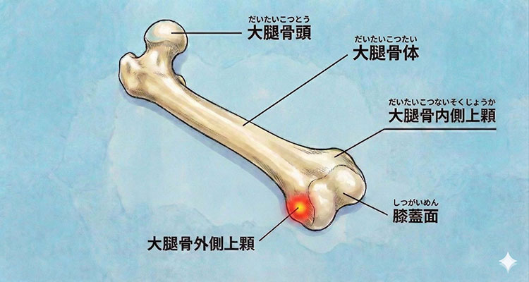 大腿骨（太ももの骨）の構造図。膝の外側にある突起部分「大腿骨外側上顆」が赤く強調されている。