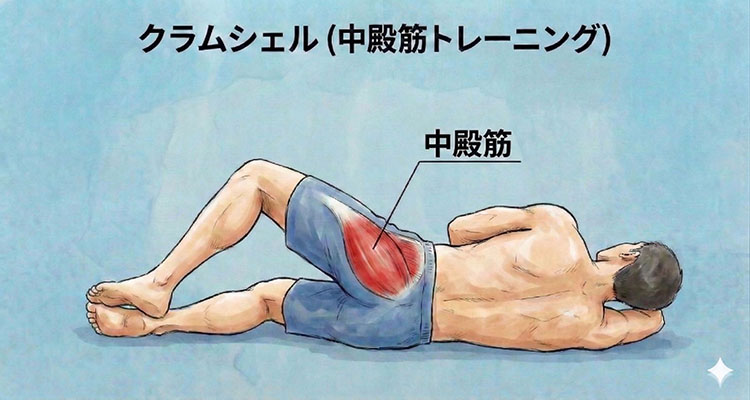 中殿筋を鍛えるトレーニング「クラムシェル」。横向きに寝て両膝を重ね、貝殻のように上の膝を開く動作のイラスト。