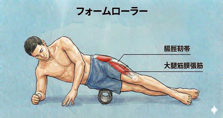 フォームローラーを用いたケア。横向きに寝て太ももの外側（大腿筋膜張筋や腸脛靭帯）をローラーに乗せ、自重でほぐす様子。