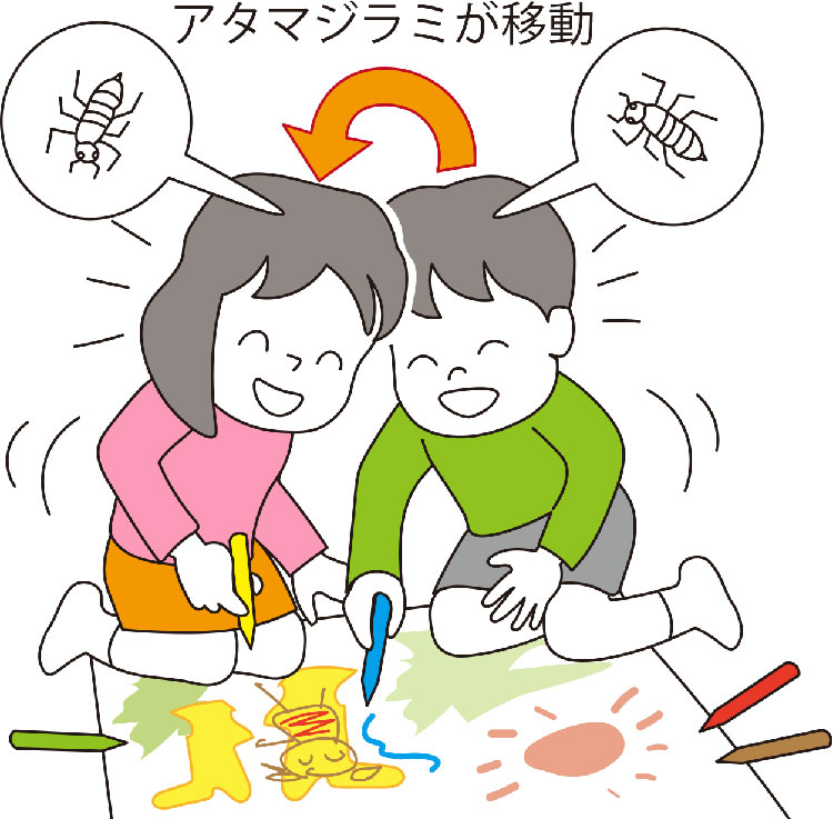 イラスト：頭を寄せ合ってお絵描きする子ども