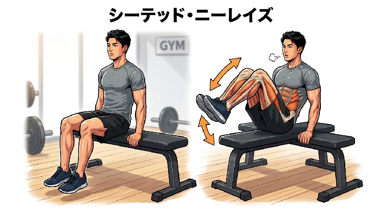 イラスト:腸腰筋に効果的なエクササイズ、シーテッド・ニーレイズ。