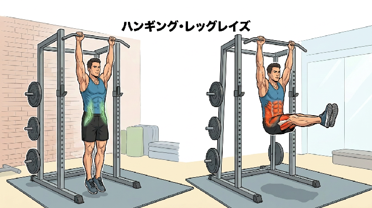 イラスト:バーにぶら下がって行う、ハンギング・レッグレイズ。