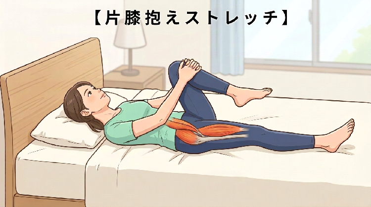 イラスト:ベッドで手軽にできる、片膝抱えストレッチ。