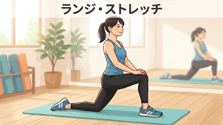 イラスト:片膝立ちの、ランジストレッチ。