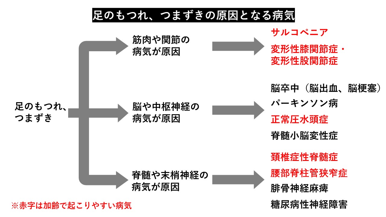 図：足のもつれ、つまずきの原因となる病気の一覧図