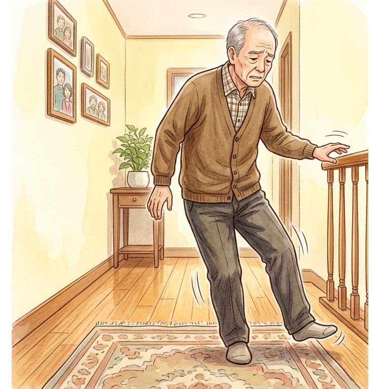 イラスト：自宅の廊下で足のつま先が上がりにくく、つまずきそうになっている高齢男性