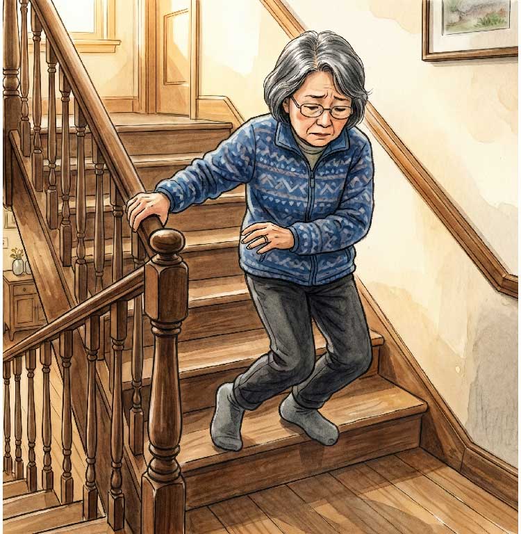 イラスト：階段を下りる際に手すりをつかみながら不安そうな表情を浮かべる高齢女性